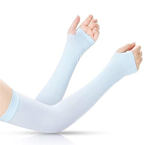 Dressify®High Performance Fingure Arm Sleeves for Athletic Fingure Arm Sleeves Perfect for Cricket, Bike Riding,Cycling, Basketball, Baseball, Running & Outdoor Activities (Beige + Sky Blue) - Image 3