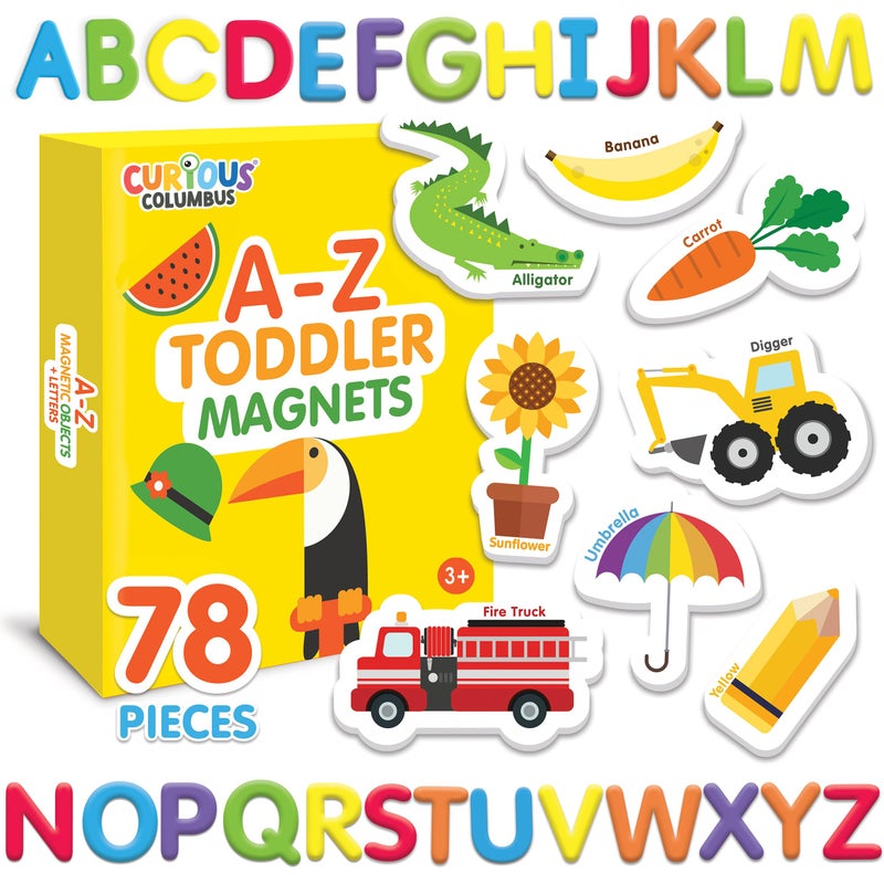 Curious Columbus Magnetic Objects and Letters. Set of 78 Foam Magnets Including 52 Pictures and 26 Uppercase Alphabet Magnets from A-Z. Educational Toy for Preschool Learning - Image 1