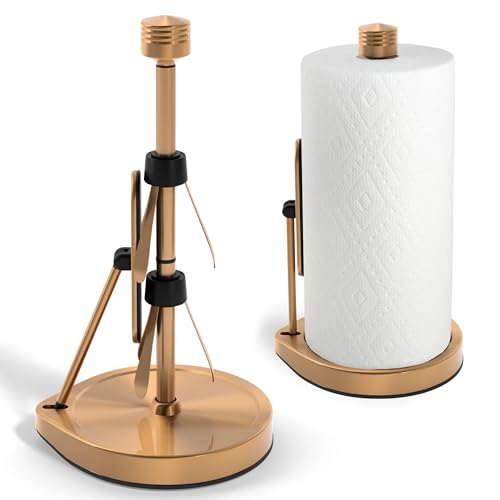 Dear Household Stainless Steel Tension Arm Paper Towel Holder - Easy One-Handed Operation - This Sturdy Weighted Paper Towel Dispenser Countertop Model Has Suction Cups and Holds All Paper Towel Rolls (Gold) - Image 1