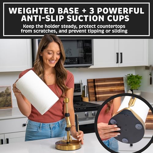 Dear Household Stainless Steel Tension Arm Paper Towel Holder - Easy One-Handed Operation - This Sturdy Weighted Paper Towel Dispenser Countertop Model Has Suction Cups and Holds All Paper Towel Rolls (Gold) - Image 2