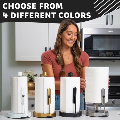 Dear Household Stainless Steel Tension Arm Paper Towel Holder - Easy One-Handed Operation - This Sturdy Weighted Paper Towel Dispenser Countertop Model Has Suction Cups and Holds All Paper Towel Rolls (Gold) - Image 5