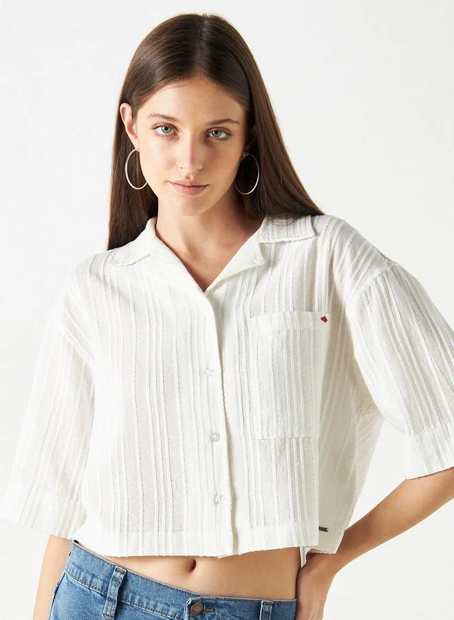 Lee Cooper Textured Crop Cotton Shirt with Short Sleeves