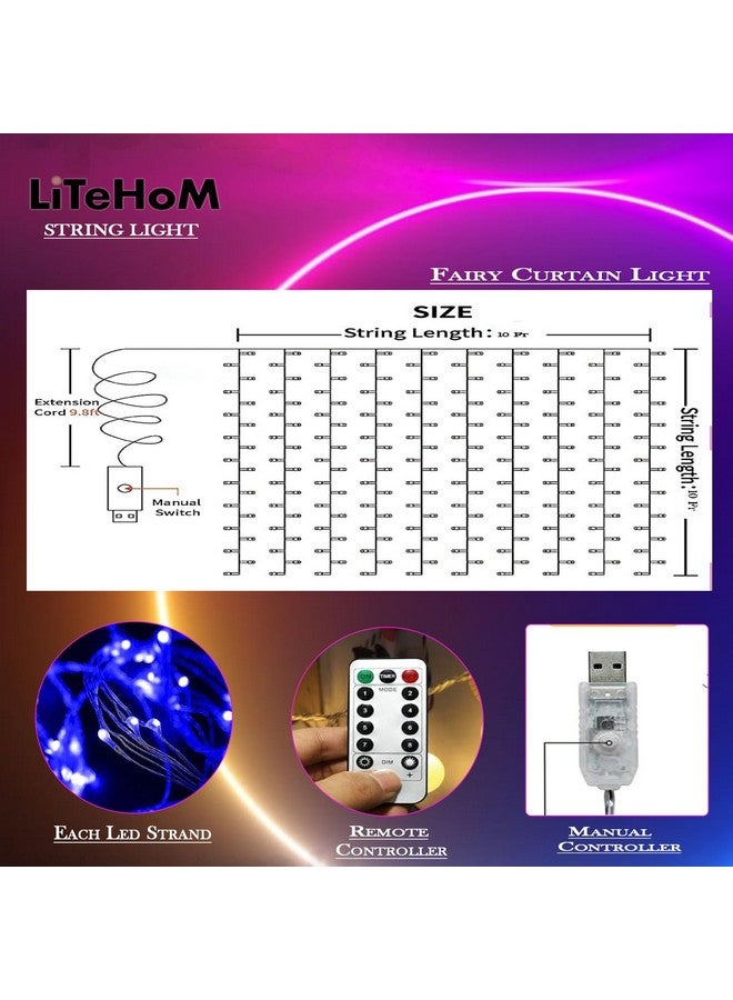 Litehom 300 Led Fairy Curtain Lights 3 Meters With Remote Control Adjustable,Usb Operated Led Light For Home Decoration,Diwali Decoration,Bedroom Birthday Balloon Decoration(Blue) - Image 3