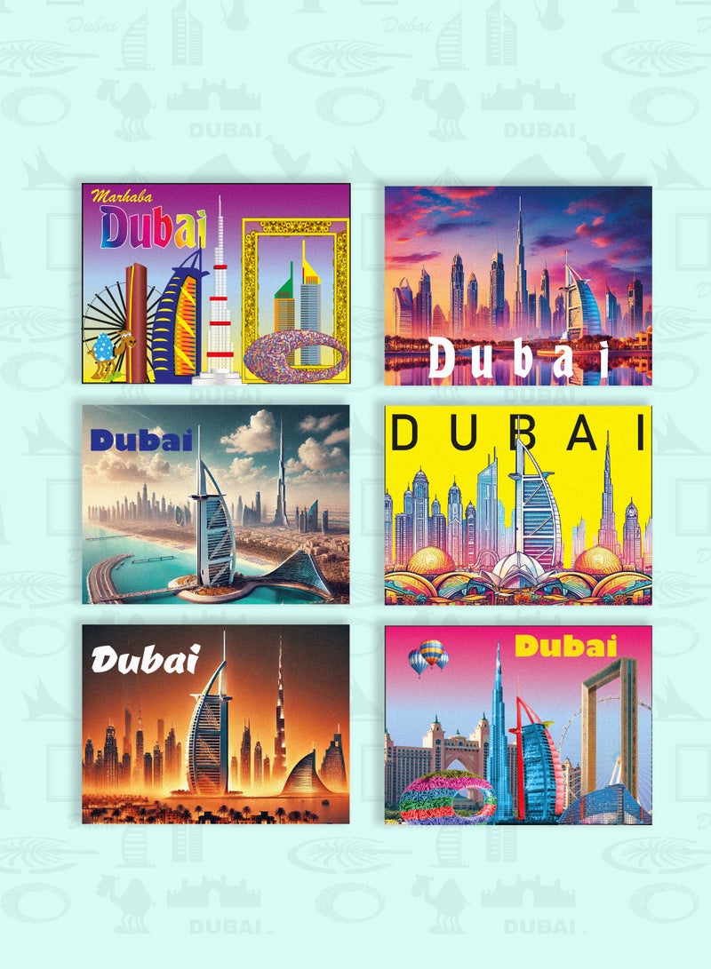 Souvenir Souq Dubai Foil Fridge Magnets 6pcs Set made of vibrant metallic foil, featuring Jumeirah Beach skyline—perfect Dubai collectible or gift. - Image 1