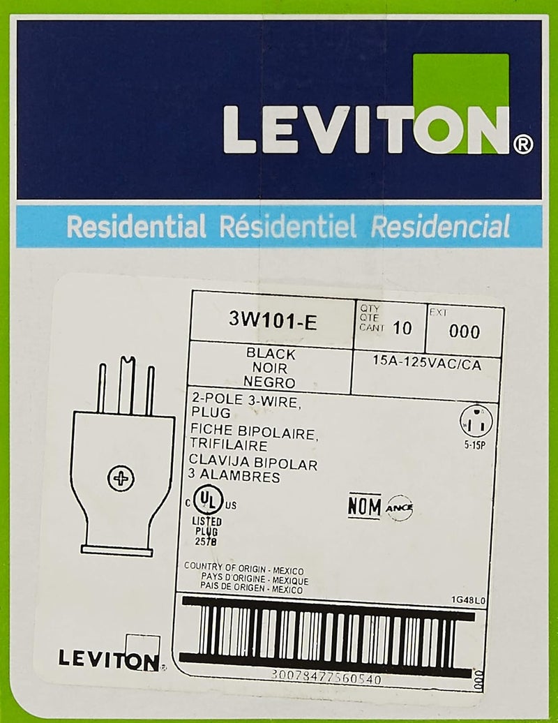 Leviton 2-Pole 3-Wire Grounding Plug, 10 Pack, 3W101-E, Black - Image 2