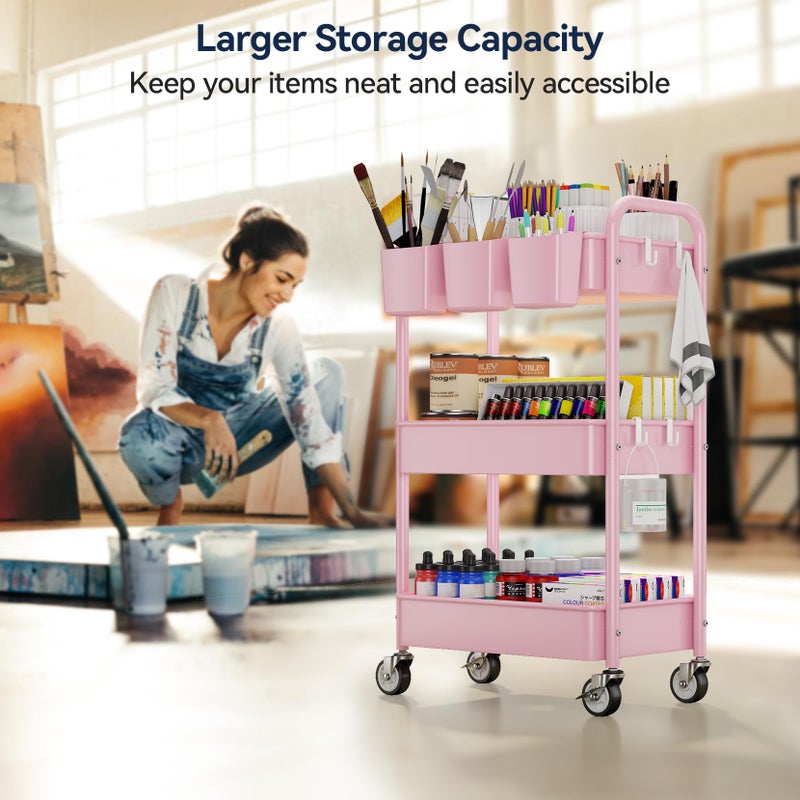 YASONIC 3-Tier Metal Rolling Cart, Heavy Duty Utility Cart with Lockable Wheels, Hanging Cups, Hooks, Mesh Rolling Storage Cart Craft Organizer, Lightweight and Sturdy, Pink - Image 4