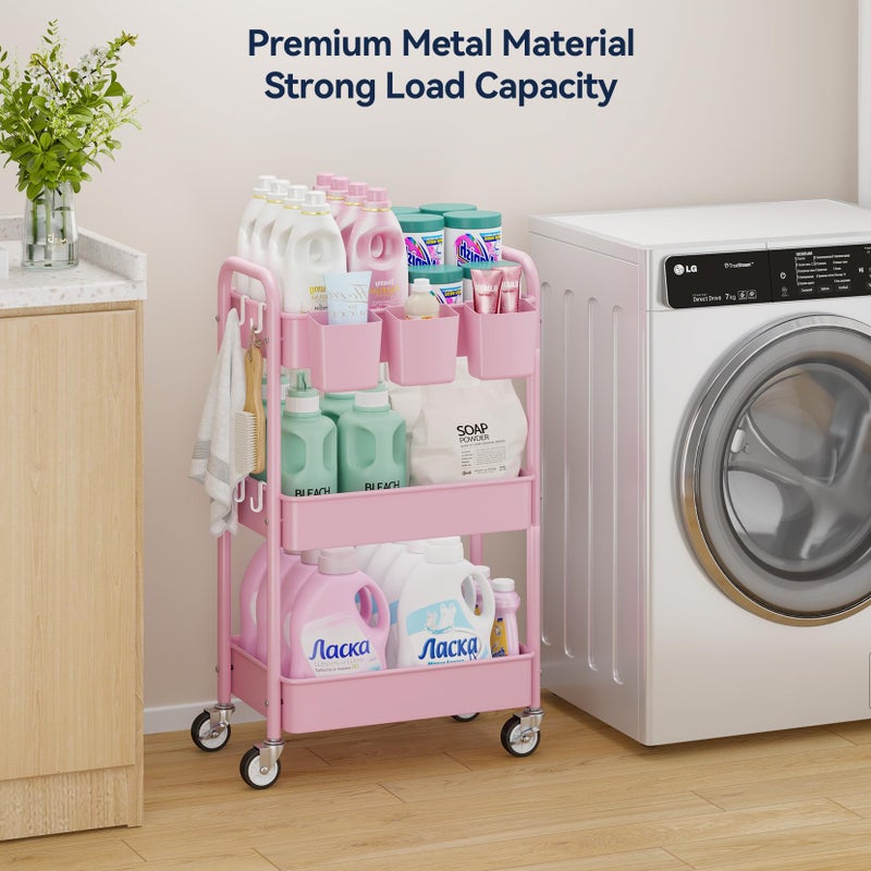 YASONIC 3-Tier Metal Rolling Cart, Heavy Duty Utility Cart with Lockable Wheels, Hanging Cups, Hooks, Mesh Rolling Storage Cart Craft Organizer, Lightweight and Sturdy, Pink - Image 3