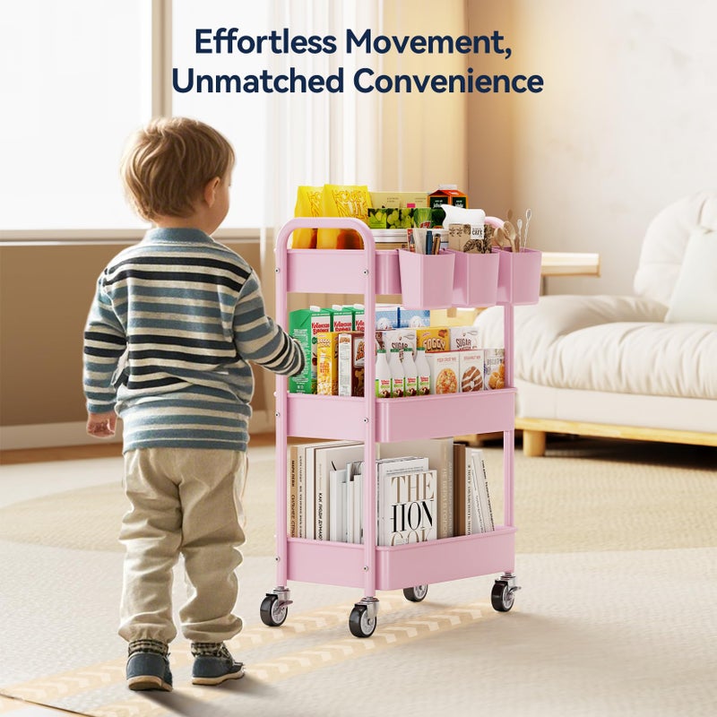 YASONIC 3-Tier Metal Rolling Cart, Heavy Duty Utility Cart with Lockable Wheels, Hanging Cups, Hooks, Mesh Rolling Storage Cart Craft Organizer, Lightweight and Sturdy, Pink - Image 2