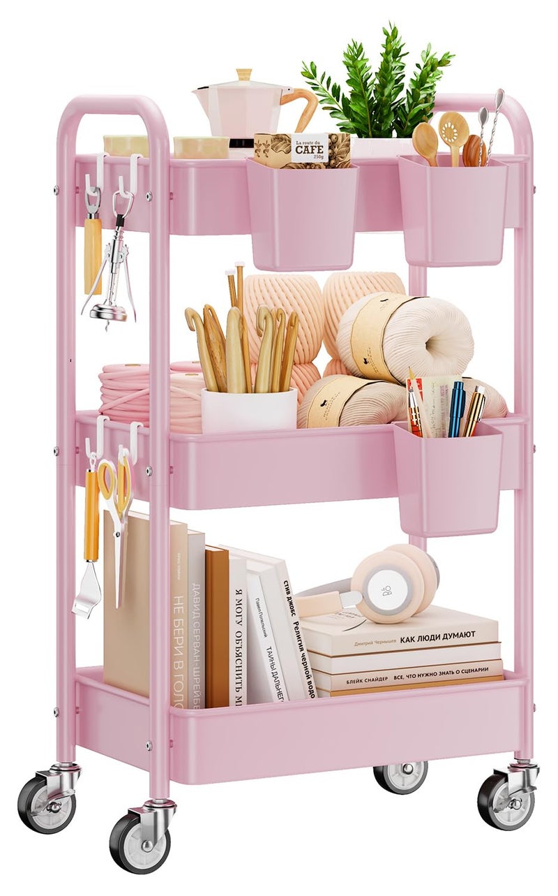 YASONIC 3-Tier Metal Rolling Cart, Heavy Duty Utility Cart with Lockable Wheels, Hanging Cups, Hooks, Mesh Rolling Storage Cart Craft Organizer, Lightweight and Sturdy, Pink - Image 1