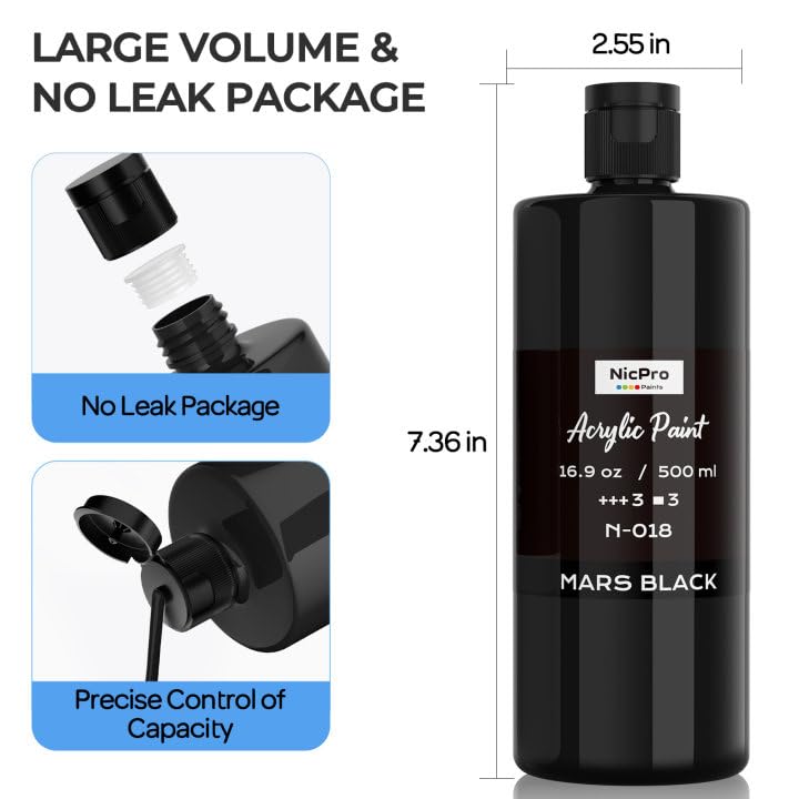 Nicpro White & Black Large Acrylic Paint (16.9 oz, 500 ml), Rich Pigments, Non Toxic Craft Paint for Multi Surface, Canvas, Wood, Leather, Ceramic, Fabric - Art Painting Supplies for Beginners, Artists & Adults - Image 3