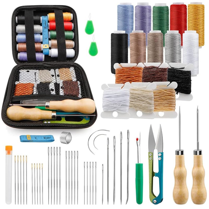 HASTHIP HASTHIP® 59 Pcs Leather Sewing Kit, Leather Needles for Hand Sewing, Heavy Duty Sewing Upholstery Repair Kit Waxed Thread Large-Eye Stitching Needles for Carseat Backpack Carpet Boots Shoes Sofa - Image 1