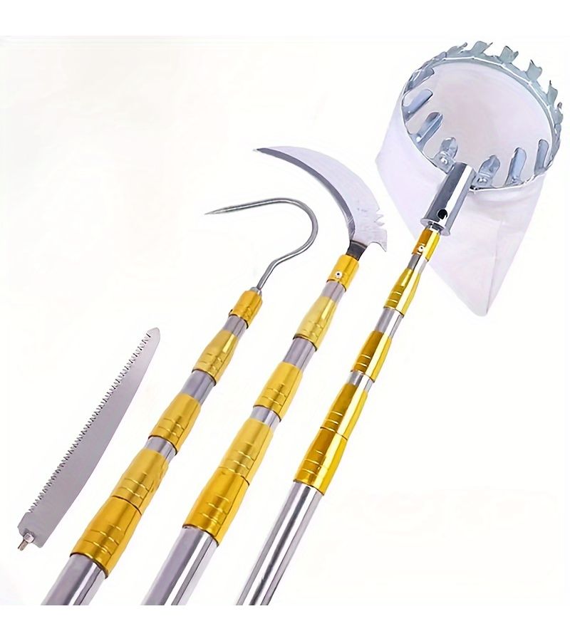 4pcs Extendable Fruit Picker With 4m Telescopic Pole And Mesh Bag For Persimmons Apples Mangoes Peaches Beige Rod Set With Net Bag Sickle Head Toon Hook Durable Metal Garden Tool For High Altitude Harvesting Garden Equipment - Image 2