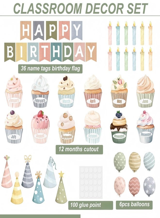 Mooliwe 80 Pcs Cake Themed Happy Birthday Bulletin Board Set Colorful Birthday Chart Wall Decorations Calendar Balloon Candle Cupcake Hats Cutouts Boho Classroom Decor for School Class Teacher - Image 2