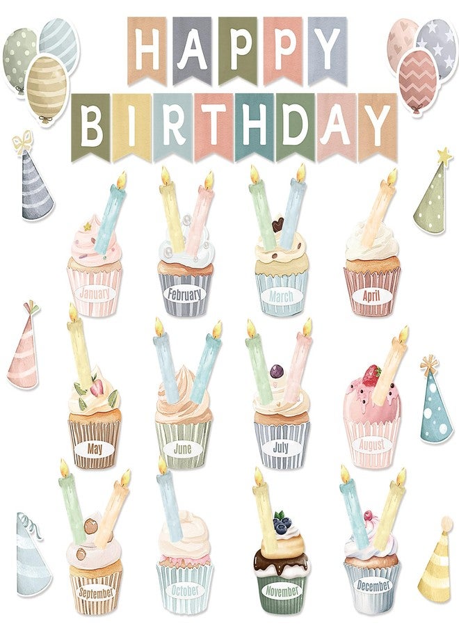 Mooliwe 80 Pcs Cake Themed Happy Birthday Bulletin Board Set Colorful Birthday Chart Wall Decorations Calendar Balloon Candle Cupcake Hats Cutouts Boho Classroom Decor for School Class Teacher - Image 1