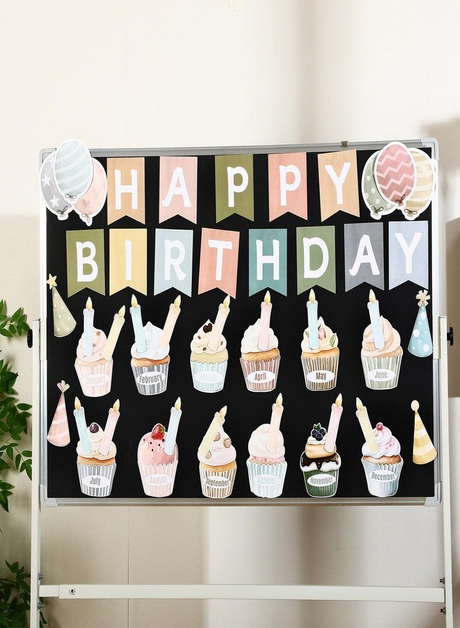 Mooliwe 80 Pcs Cake Themed Happy Birthday Bulletin Board Set Colorful Birthday Chart Wall Decorations Calendar Balloon Candle Cupcake Hats Cutouts Boho Classroom Decor for School Class Teacher - Image 3
