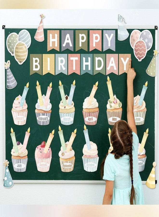 Mooliwe 80 Pcs Cake Themed Happy Birthday Bulletin Board Set Colorful Birthday Chart Wall Decorations Calendar Balloon Candle Cupcake Hats Cutouts Boho Classroom Decor for School Class Teacher - Image 5