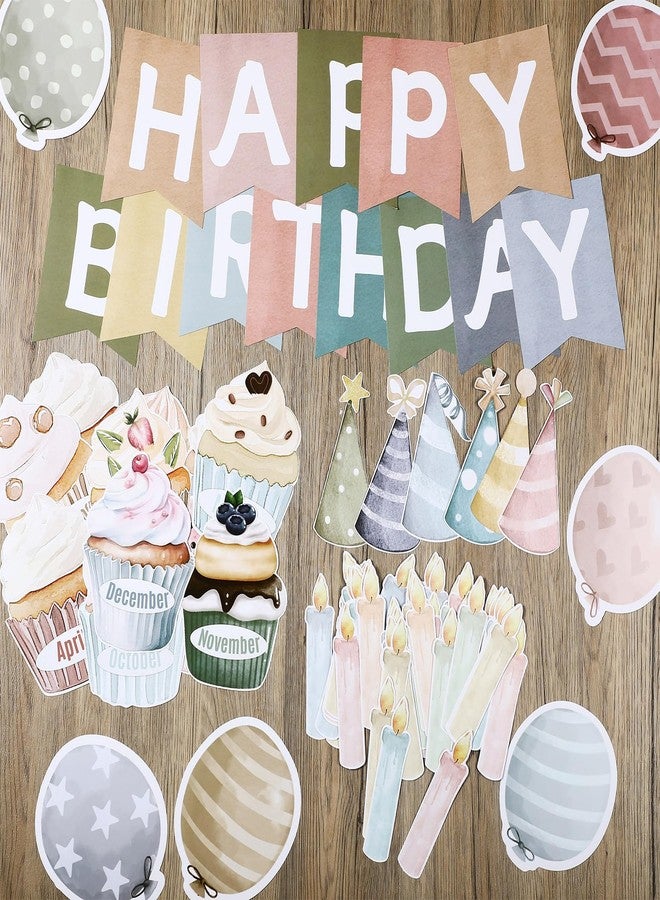 Mooliwe 80 Pcs Cake Themed Happy Birthday Bulletin Board Set Colorful Birthday Chart Wall Decorations Calendar Balloon Candle Cupcake Hats Cutouts Boho Classroom Decor for School Class Teacher - Image 4