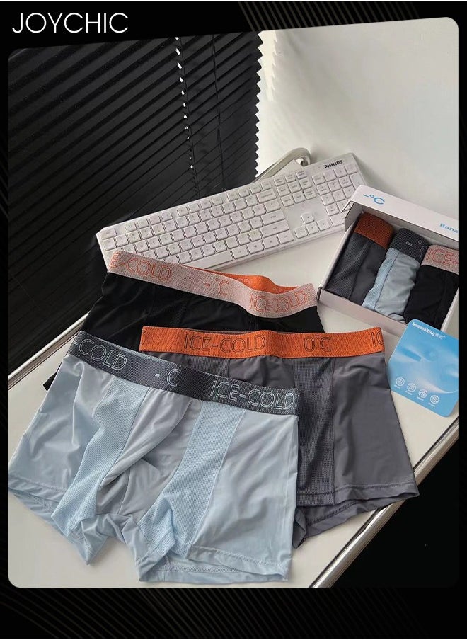 Joychic - 3-Piece Ice Silk Medium Waist Panties Breathable Quick-drying Men Teenager Boys Boxer Brief Antibacterial Underwear Set Blue+Black+Dark Grey - Image 1