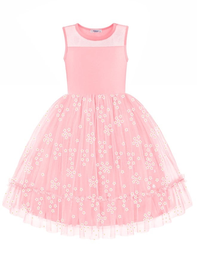آرشنر فستان صيفي للبنات من أرشينر، بدون أكمام، مزين بتطريزات زهرية وردية اللون، مناسب لحفلات أعياد الميلاد، مصنوع من التول، مثالي للأطفال الصغار في عيد الفصح. - Image 1