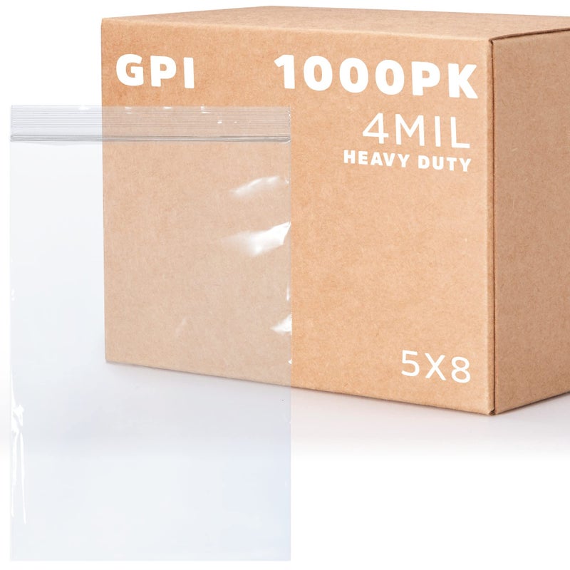 5" x 8" Heavy-Duty Zip Bags - 500 Count - Clear Plastic Reclosable Zipper Baggies, 4 Mil Thick Freezer Storage Poly Bags with Resealable Zip Top Lock for Packaging Food, Tools & Sharp Objects.