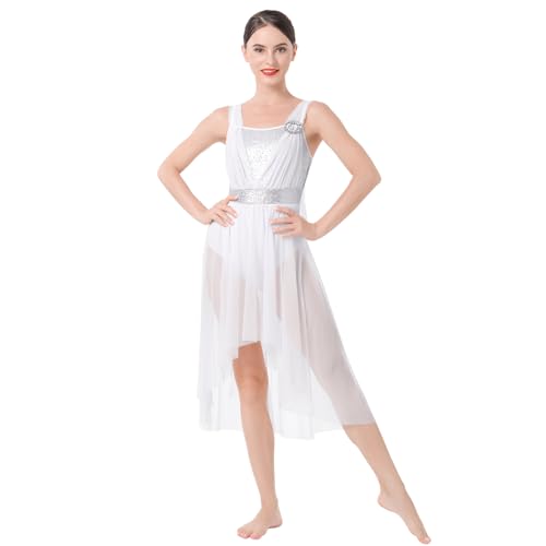ODASDO Women Lyrical Dance Costumes Modern Contemporary Dancewear Shiny Sequins Spaghetti Strap Mesh Tulle High Low Dress Ballet Leotard Stage Performance Ballroom Cha Cha Clothes White XS - Image 1