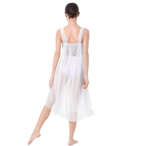 ODASDO Women Lyrical Dance Costumes Modern Contemporary Dancewear Shiny Sequins Spaghetti Strap Mesh Tulle High Low Dress Ballet Leotard Stage Performance Ballroom Cha Cha Clothes White XS - Image 3