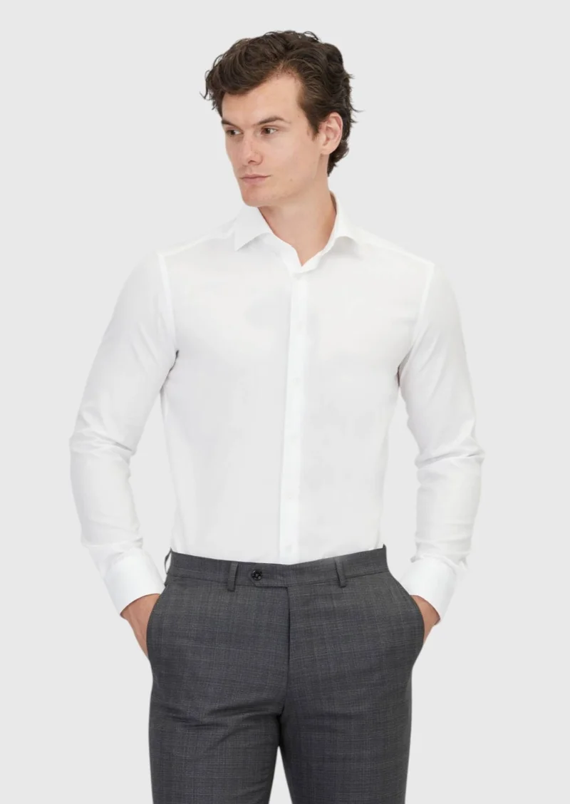 RAMSEY White Regular Fit Long Weaving Classical 100% Cotton Shirt