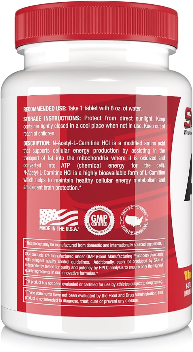 SAN Alcar 750  Pure Acetyl LCarnitine for Energy Focus and Fat Metabolism 100 Servings - Image 3