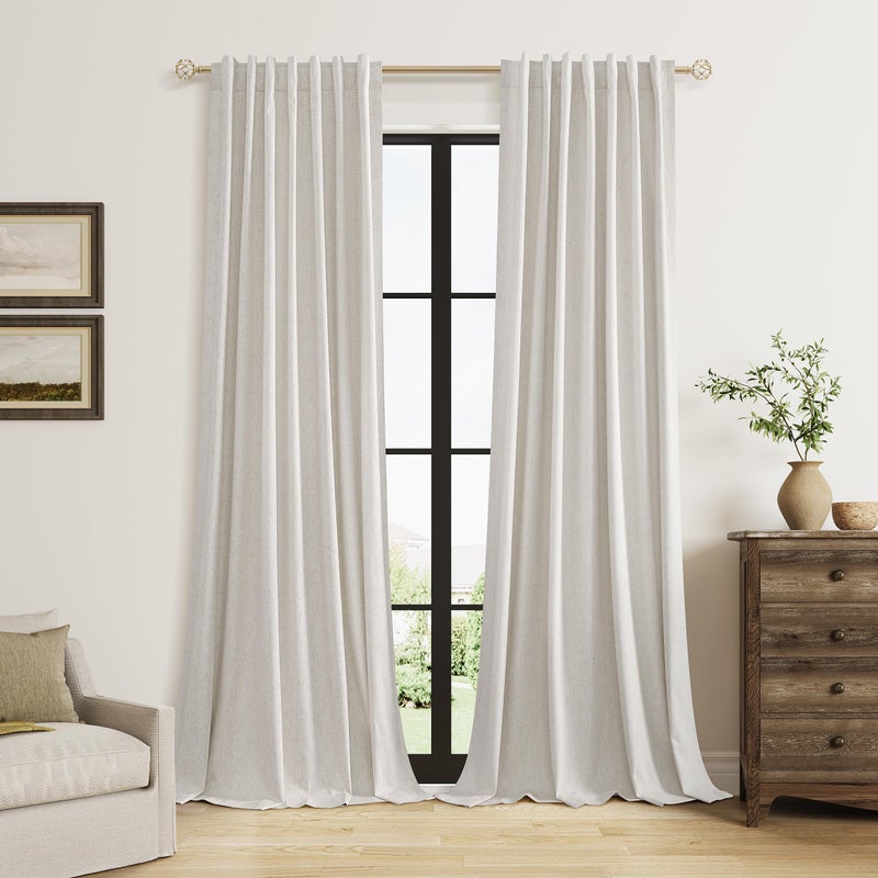 Guken Light Beige 100% Blackout Curtains 84 Inch Long 2 Panels Set for Living Room Bedroom Back Tab Room Darkening Winter Thermal Insulated Netural Black Out Linen Drapes Window Curtain, 52x84 - Image 1