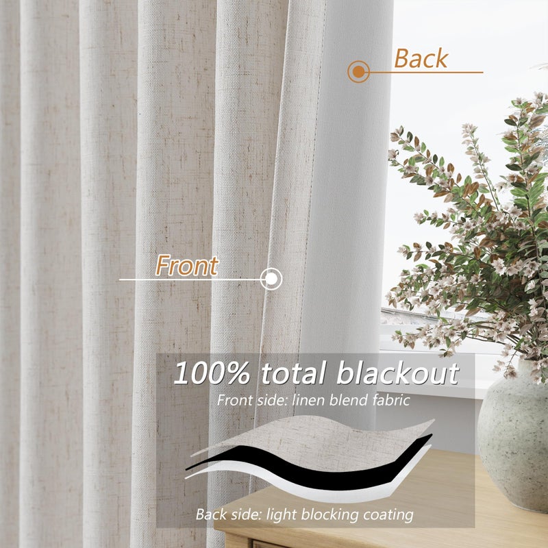 Guken Light Beige 100% Blackout Curtains 84 Inch Long 2 Panels Set for Living Room Bedroom Back Tab Room Darkening Winter Thermal Insulated Netural Black Out Linen Drapes Window Curtain, 52x84 - Image 4