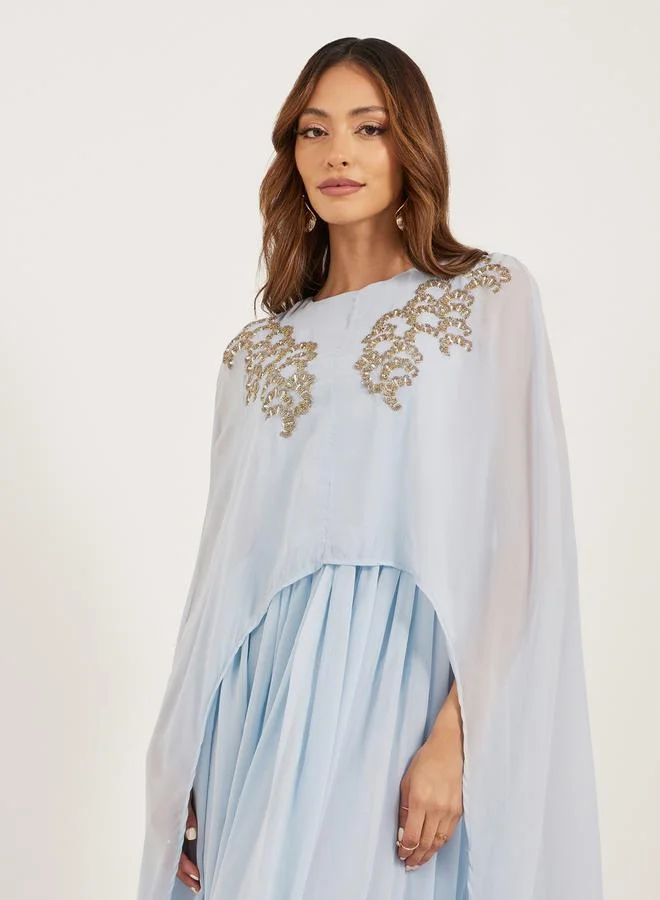 Styli Embellished Cape Sleeves A-Line Maxi Dress