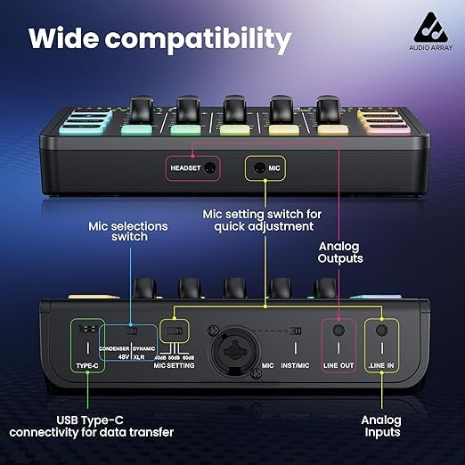 Audio Array Streaming Bundle Kit | USB Condenser Mic & RGB Sound Card with Phantom Power, Voice Effects, Real-Time Monitoring | for Podcasting, Gaming, YouTube & Live Streaming - GB-05 - Image 2