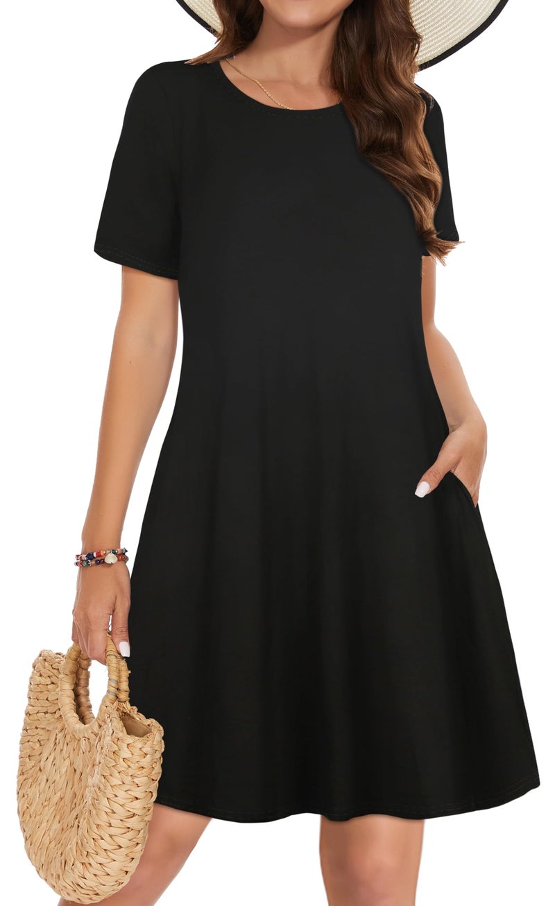 elescat Womenâ€™s Tshirt Dress Pockets Floral Cover Ups Short Sleeve Loose Flowy Sundresses (Black,L) - Image 1