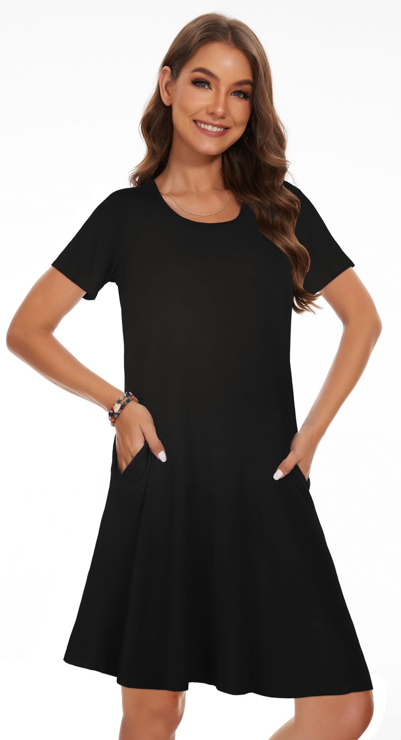 elescat Womenâ€™s Tshirt Dress Pockets Floral Cover Ups Short Sleeve Loose Flowy Sundresses (Black,L) - Image 4