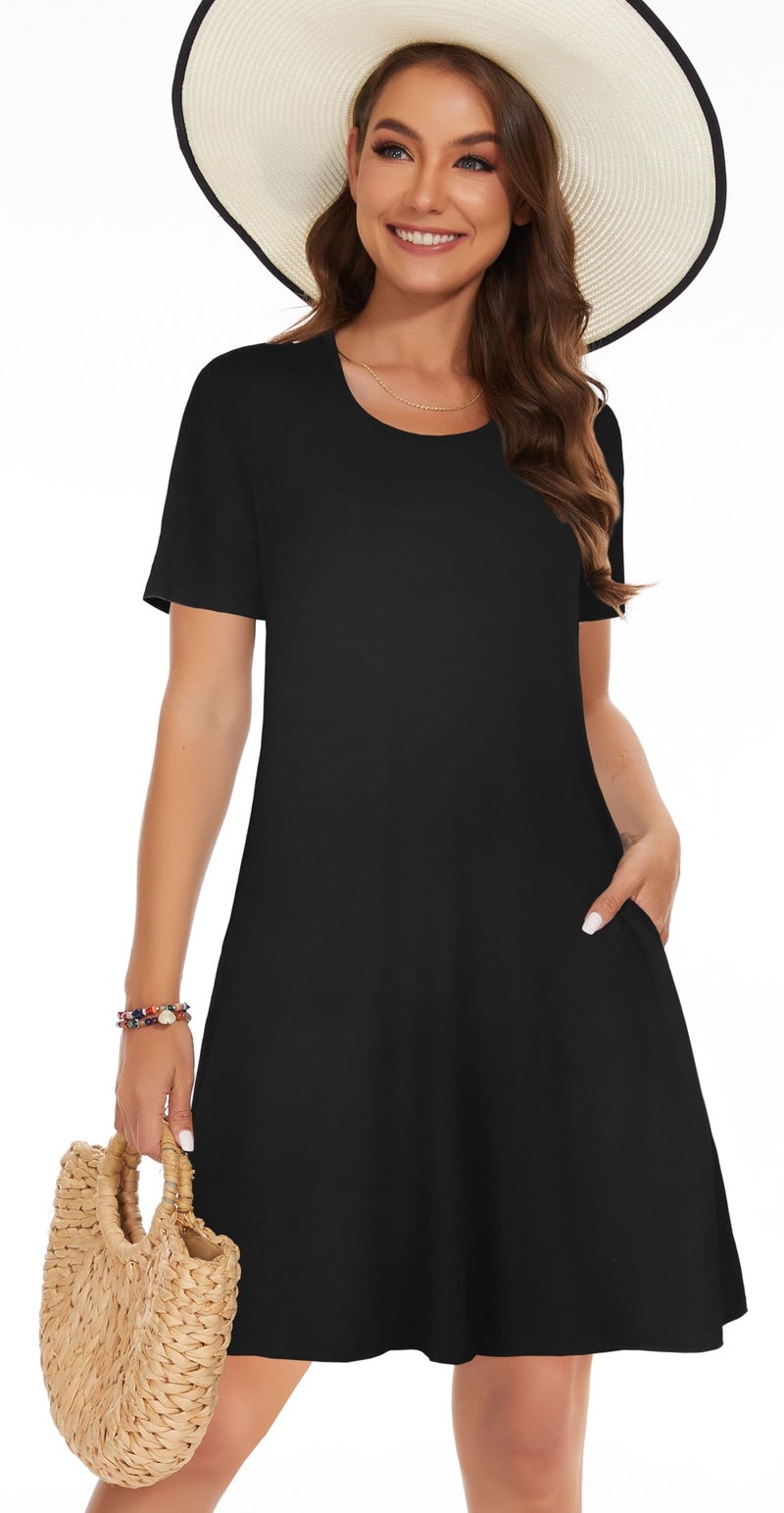 elescat Womenâ€™s Tshirt Dress Pockets Floral Cover Ups Short Sleeve Loose Flowy Sundresses (Black,L) - Image 2
