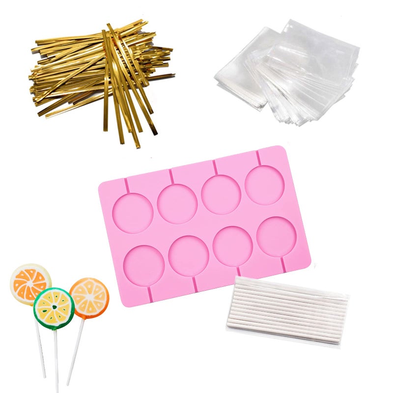 AKINGSHOP 8Capacity Large Silicone Lollipop Molds Chocolate Hard Candy Mold with 60pcs Sucker Sticks Candy Treat Bags Gold Ties Great for Sucker Hard Candy Lollipop Cake pop Large Round