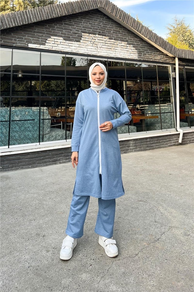 Sevda Crew Neck Zippered Long Tunic Plain Basic Sports Suit - 3044 - Indigo - Image 1