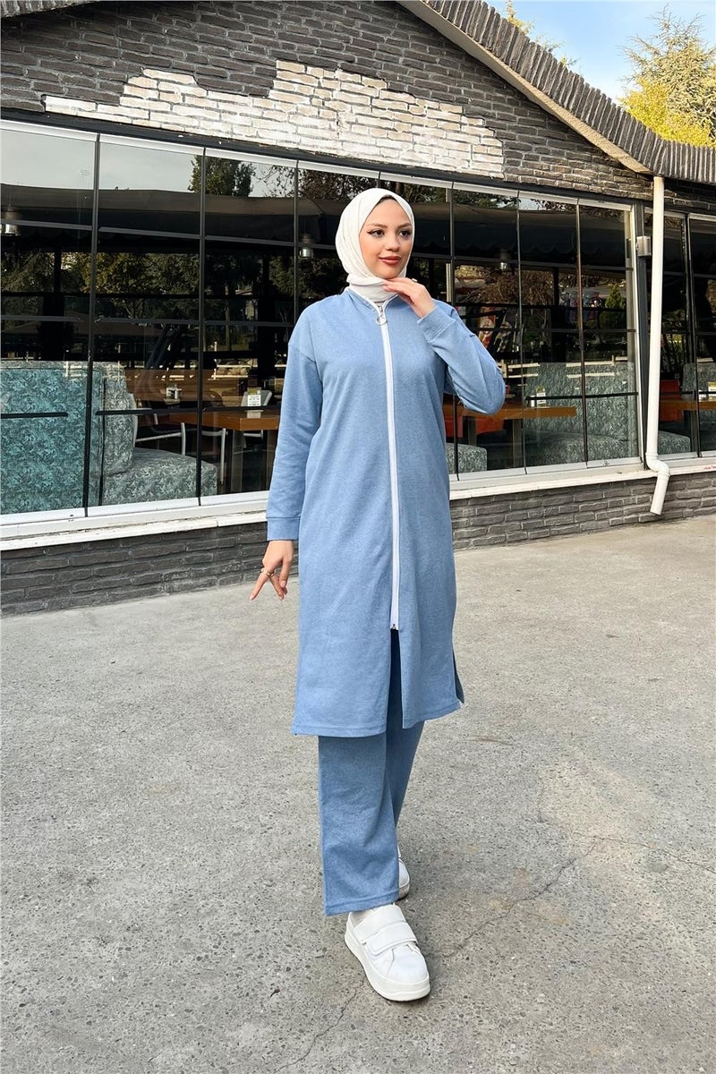 Sevda Crew Neck Zippered Long Tunic Plain Basic Sports Suit - 3044 - Indigo - Image 3