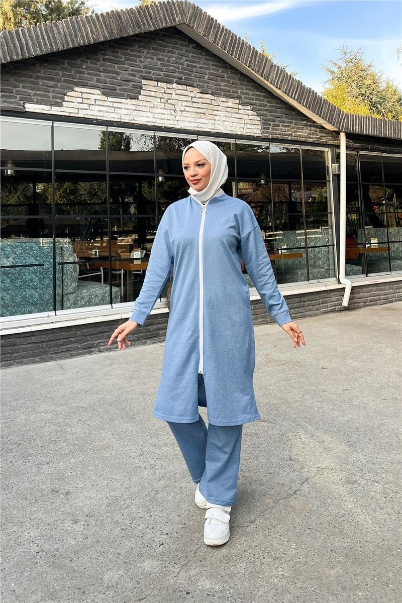 Sevda Crew Neck Zippered Long Tunic Plain Basic Sports Suit - 3044 - Indigo - Image 4
