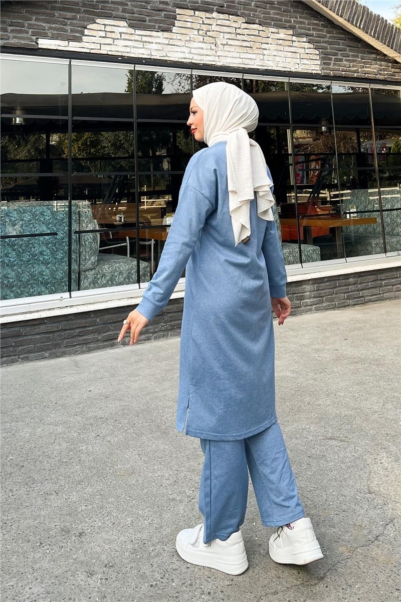 Sevda Crew Neck Zippered Long Tunic Plain Basic Sports Suit - 3044 - Indigo - Image 5