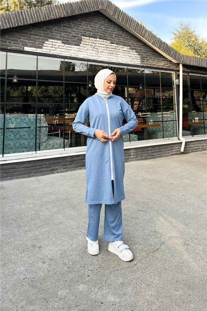 Sevda Crew Neck Zippered Long Tunic Plain Basic Sports Suit - 3044 - Indigo - Image 2