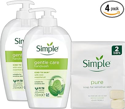 Simple Kind to Skin Gentle Care Handwash 250ml x2 Pure Soap for Sensitive Skin 2 Bars Vegan No Perfume or Colour Dermatologically Tested - Image 1