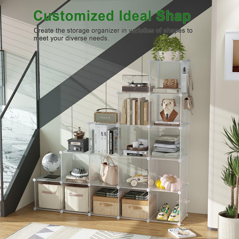 C&AHOME Cube Storage Organizer, 16-Cube Shelves Units, Plastic Storage Cubes, DIY Closet Organizer, Modular Closet Storage Shelf Ideal for Home, 48.4" L Ã— 12.4" W Ã— 48.4" H Transparent Twill UPCS16T - Image 3