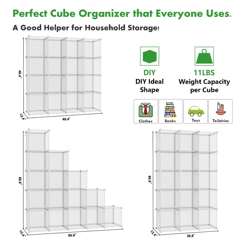 C&AHOME Cube Storage Organizer, 16-Cube Shelves Units, Plastic Storage Cubes, DIY Closet Organizer, Modular Closet Storage Shelf Ideal for Home, 48.4" L Ã— 12.4" W Ã— 48.4" H Transparent Twill UPCS16T - Image 5