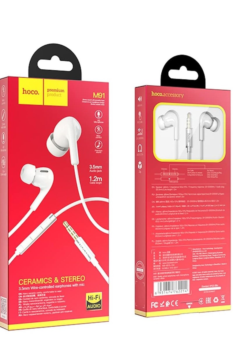 Hoco M91 - Shelly Wired Earphones With Microphone (Length: 1.2m, Plug: 3.5mm), Compatible with Samsung, Hawei, Xiaomi, OnePlus - Ceramic White - Image 4