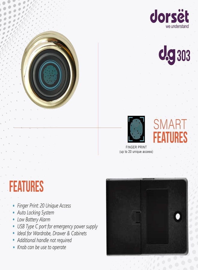دورست قفل دورست ببصمة الإصبع للأدراج والخزائن | 20 طريقة دخول بيومترية فريدة | قفل أثاث ذكي بيومتري لأدراج المنزل والمكتب | سمك الباب المثالي: 10-20 مم، ذهبي | DG303 FG - Image 2
