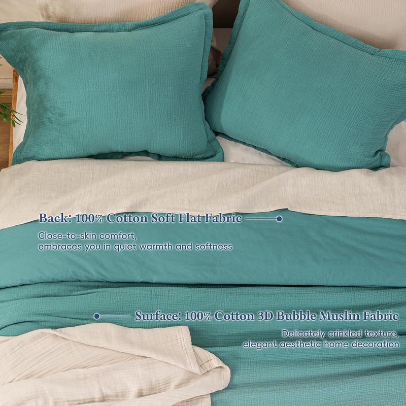 David's Home 3 Piece King Cotton Muslin Comforter Set, Soft Lightweight Breathable Linen-Like Gauze Bedding, Set includes 1x Comforter + 2x Pillow Shams, Teal - Image 3