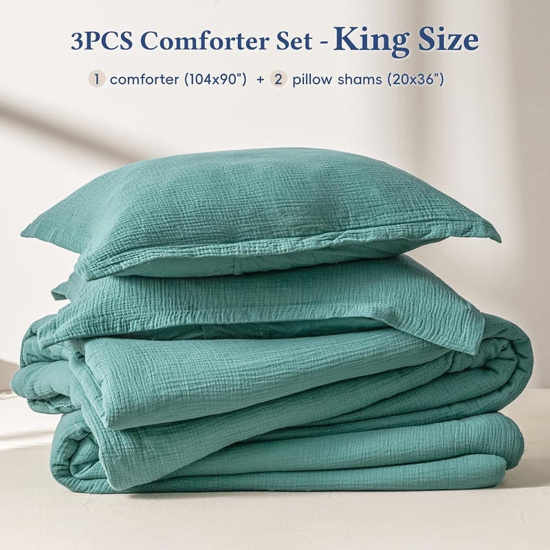 David's Home 3 Piece King Cotton Muslin Comforter Set, Soft Lightweight Breathable Linen-Like Gauze Bedding, Set includes 1x Comforter + 2x Pillow Shams, Teal - Image 5