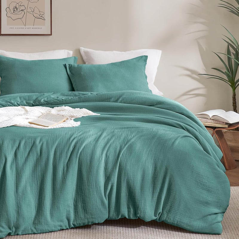 David's Home 3 Piece King Cotton Muslin Comforter Set, Soft Lightweight Breathable Linen-Like Gauze Bedding, Set includes 1x Comforter + 2x Pillow Shams, Teal - Image 1