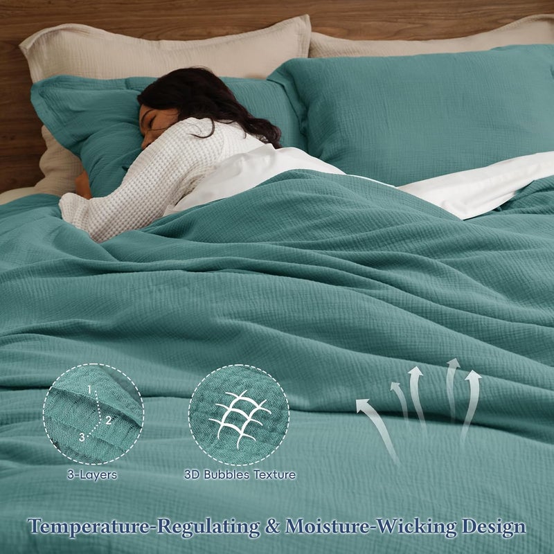 David's Home 3 Piece King Cotton Muslin Comforter Set, Soft Lightweight Breathable Linen-Like Gauze Bedding, Set includes 1x Comforter + 2x Pillow Shams, Teal - Image 4